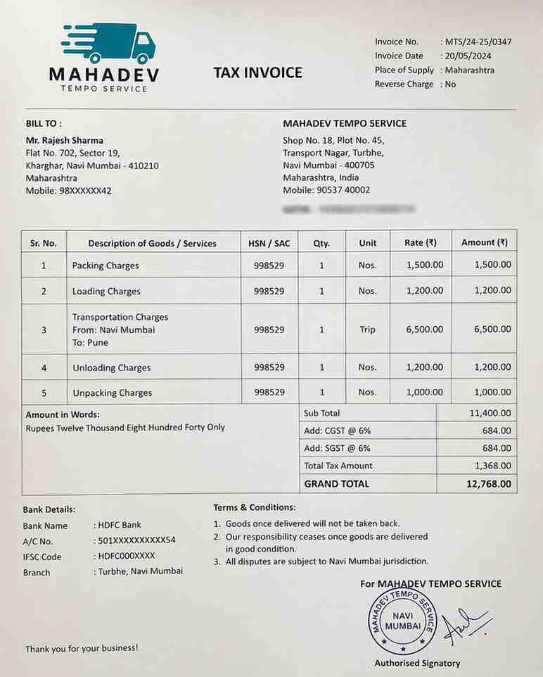 Sample GST bill for packers and movers claim verification